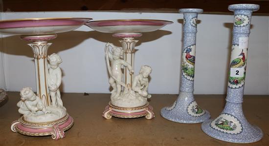 Pair of Royal Worcs putti centrepieces & pair of Spode candlesticks